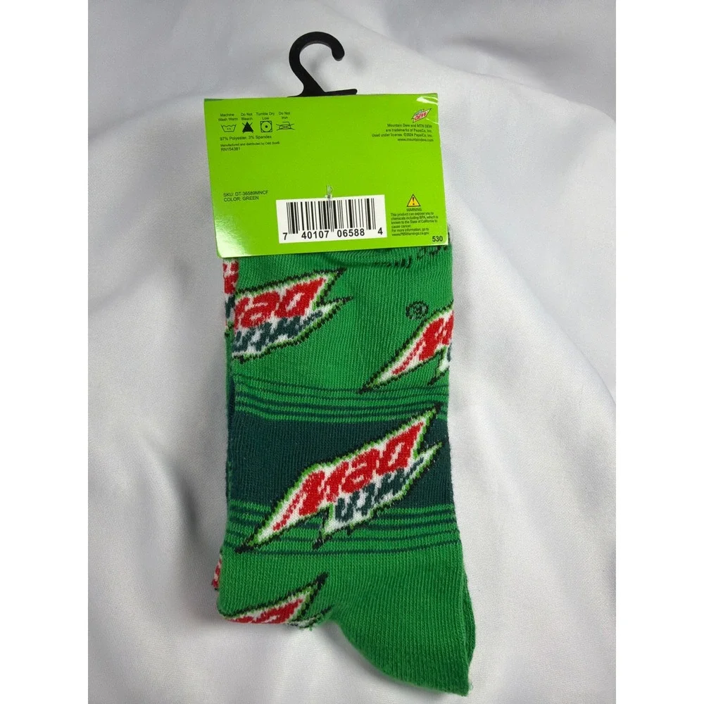 Mountain Dew Logo All Over Print Crew Socks Mens 6-12 Green‎ Polyester Novelty
